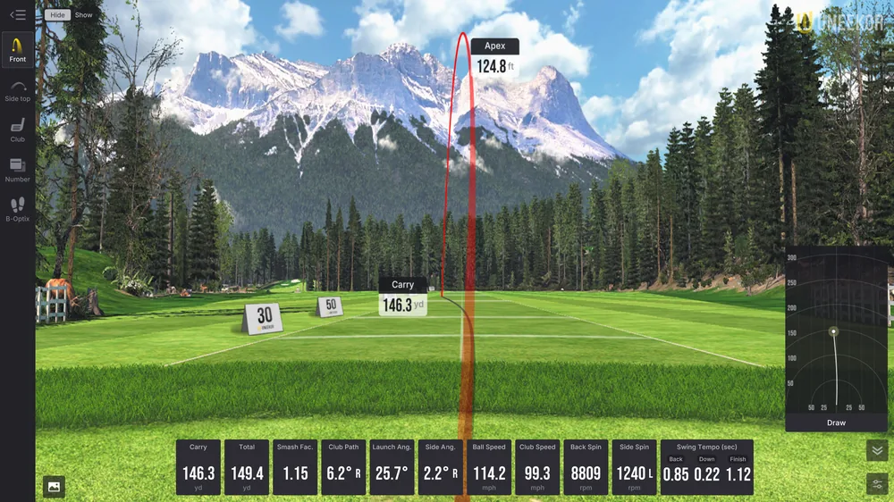 Uneekor VIEW practice interface showing a simulated shot and ball-flight data.