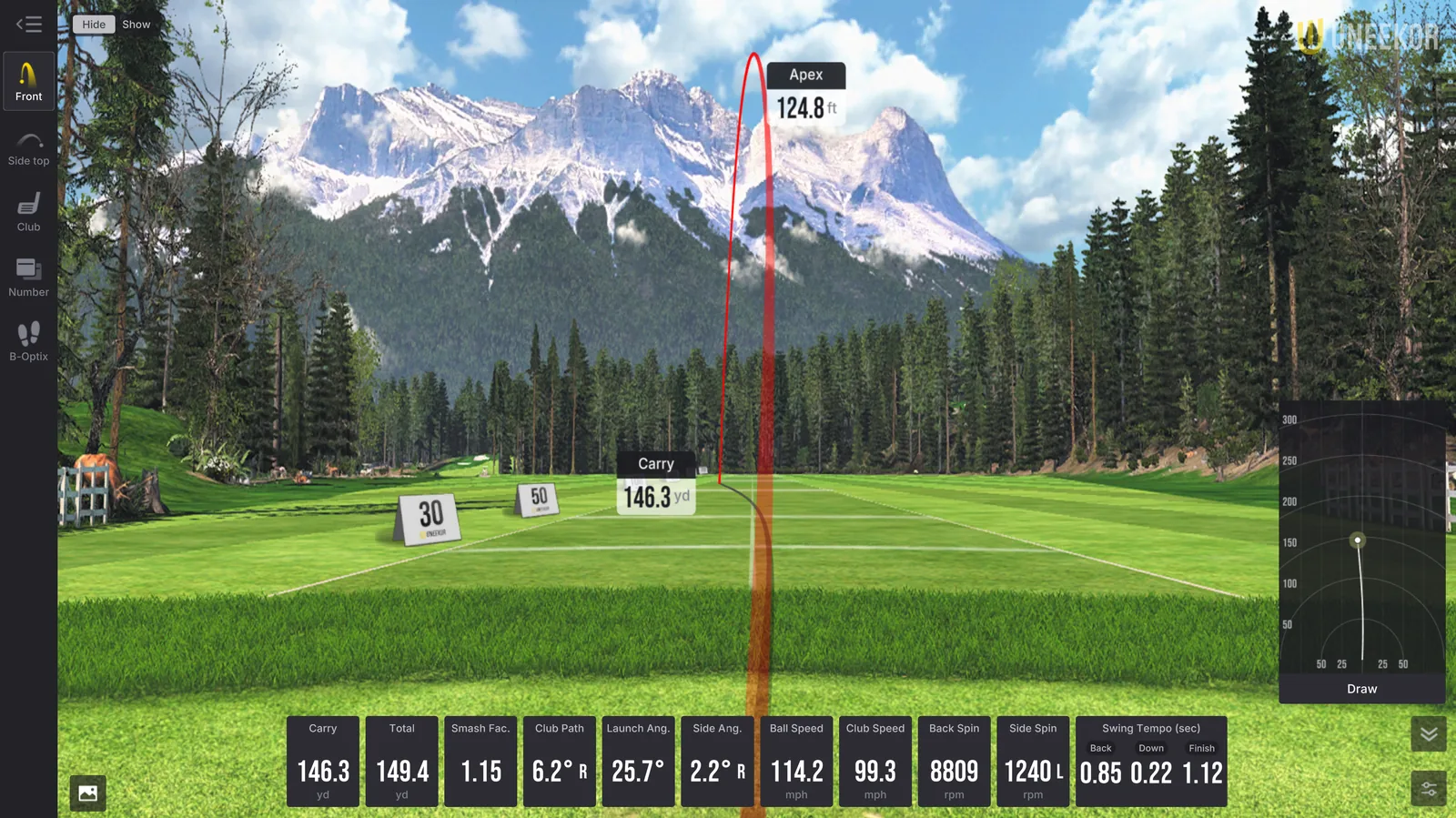 Uneekor VIEW practice interface showing a simulated shot and ball-flight data.